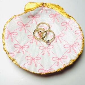 Handcrafted Coquette Shell Trinket Dish Dainty Pink bow Decoupage Design